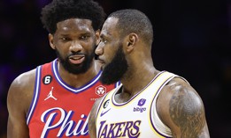 LeBron James, shown here competing against his now-teammate on the Philadelphia 76ers, Joel Embiid.