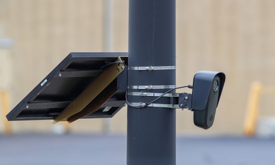 A Flock Safety camera is seen at the Buckhorn Plaza shopping center near Bloomsburg, Pennsylvania.