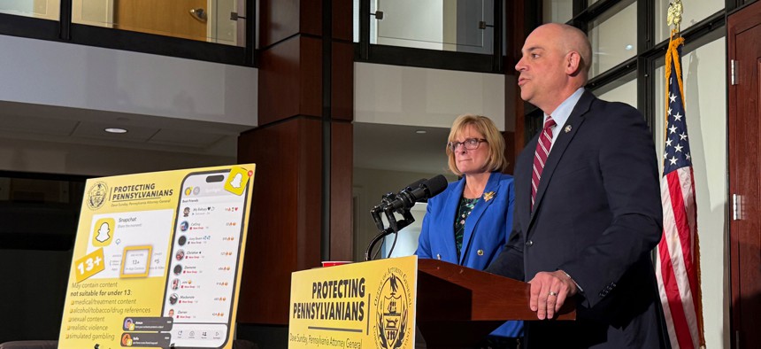 Pennsylvania Attorney General Dave Sunday was joined by state Sen. Tracy Pennycuick at his press conference announcing a lawsuit against Snapchat on Aug. 25, 2026.