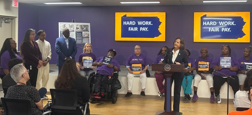 Pennsylvania Labor Secretary Nancy Walker announces a wage theft protection plan at SEIU Local 1201 in Philadelphia on Wednesday.
