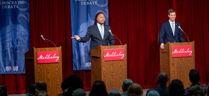 U.S. Sen. John Fetterman gave a preview of his legislating style when he no-showed at a 2022 debate for the Democratic candidates for U.S. Senate at Muhlenberg College. State Rep. Malcolm Kenyatta, center, and then-U.S. Rep. Conor Lamb, right, did show up.