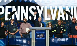 U.S. Sen. Dave McCormick is joined onstage by members of Pennsylvania’s steel and manufacturing industries at the Republican Party’s midterm convention.
