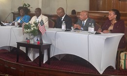 Joanna McClinton, Solomon Jones, Emanuel Welch, Carl Heastie and Melissa Minor-Brown speak at Mother Bethel AME Church in Philadelphia on September 10, 2026 