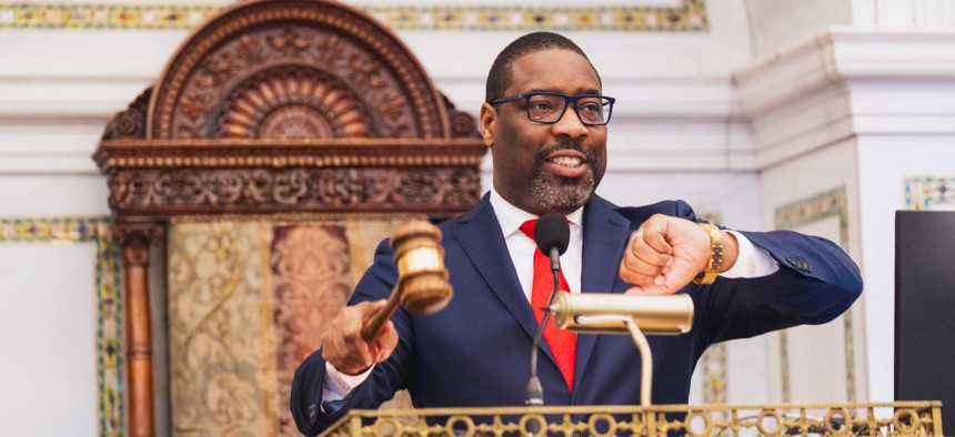 Philadelphia City Council President Kenyatta Johnsons presides over a Council meeting on June 11, 2026
