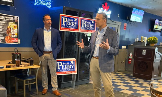 U.S. Rep. Scott Perry campaigned with former MLB star Mark Teixeira and U.S. Rep. Andrew Clyde on Wednesday. 