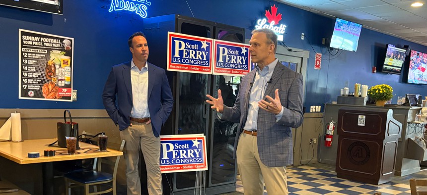 U.S. Rep. Scott Perry campaigned with former MLB star Mark Teixeira and U.S. Rep. Andrew Clyde on Wednesday.