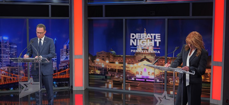 Gov. Josh Shapiro and state Treasurer Stacy Garrity met on the debate stage Wednesday night in Harrisburg.