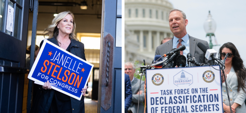 Democratic challenger Janelle Stelson, left, and Republican U.S. Rep. Scott Perry faced off in the only scheduled debate for the PA-10 seat on Wednesday night.