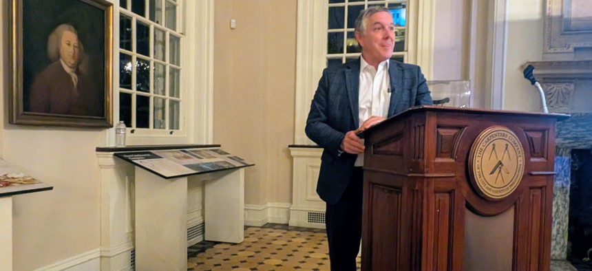 Historian Colin Woodard discussed the roots of Philadelphia politics at Philadelphia's Carpenters' Hall