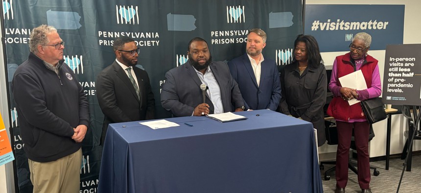 State lawmakers speak at the Pennsylvania Prison Society’s press conference on Monday, October 26, 2026 to announce bus program funding